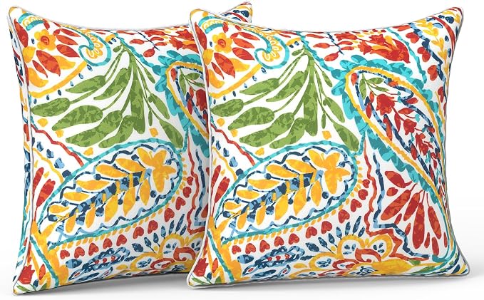 LVTXIII Outdoor Throw Pillows 16"x16" Patio Waterproof Square Pillows with Piping Fade Resistant Accent Pillow for Spring Summer Garden Decoration, Set of 2, Paisley Multi