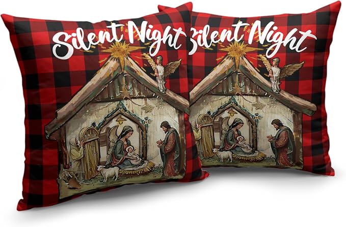 Xmas O Holy Night Silent Night Throw Pillow Covers Jesus Nativity Pillow Case Red Buffalo Plaid Christmas Pillow Covers 20x20 Set of 2 for Living Room Couch Bedroom