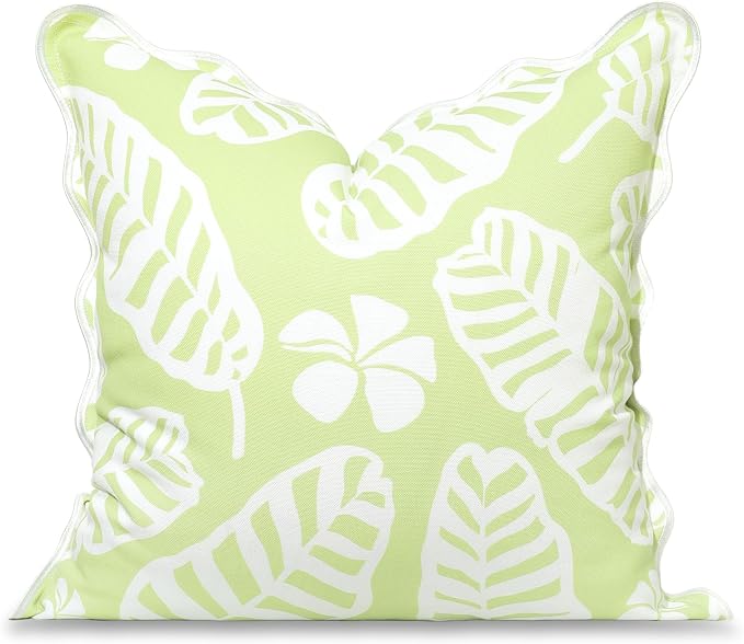 Hofdeco Premium Coastal Hampton Patio Indoor Outdoor Throw Pillow Cover Only, 20"x20" Water Repellent for Backyard, Couch, Poolside, Grass Green Print Palm Leaves and Hisbucs Flowers