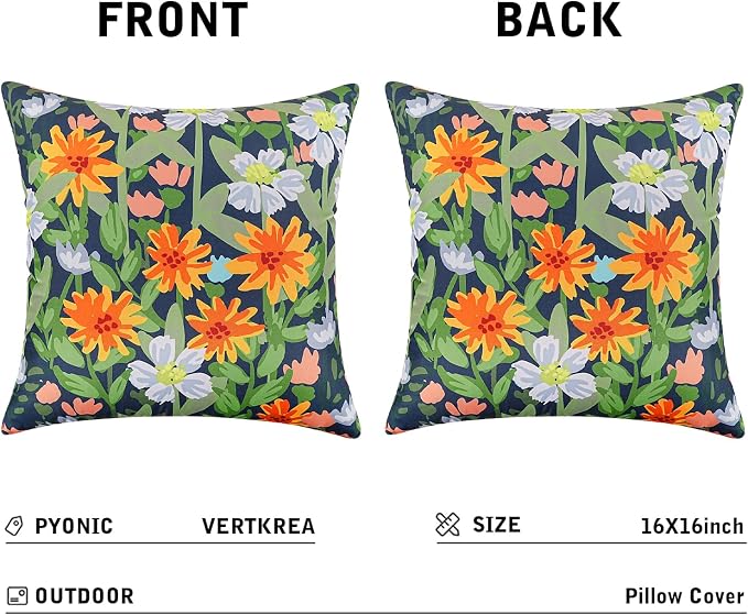 Pyonic Spring Summer Floral Outdoor Pillow Covers 16x16 inch Waterproof Throw Pillow Covers Outdoor Pillows for Patio Furniture Garden Bench Porch,Navy Blue
