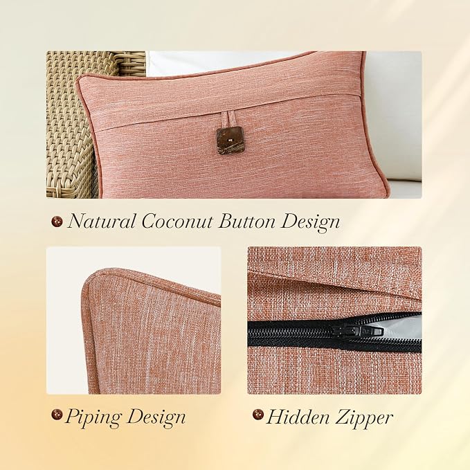 Outdoor Decorative Pillows with Coconut Button Pack of 4, 20" x 12" Outdoor Pillow Set for Couch Bed Throw Patio Sofa, Light Lotus Red