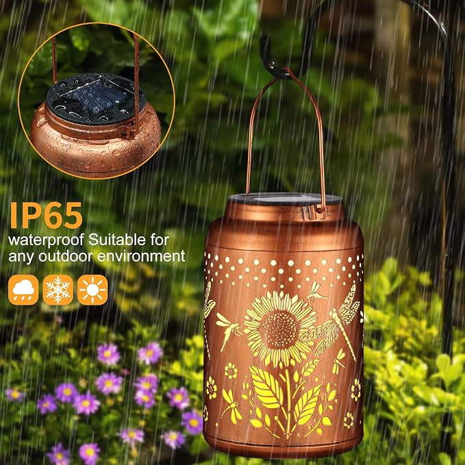 Solar Lanterns Outdoor Waterproof Hummingbird Garden Decor Christmas Gifts for Women Mom Grandma Hanging Lights Metal Decoration Outside for Yard, Patio,Backyard,Porch(Dragonfly and Sunflower) | Metal Hanging Solar Lights Birthday Gifts for Grandma Mom...