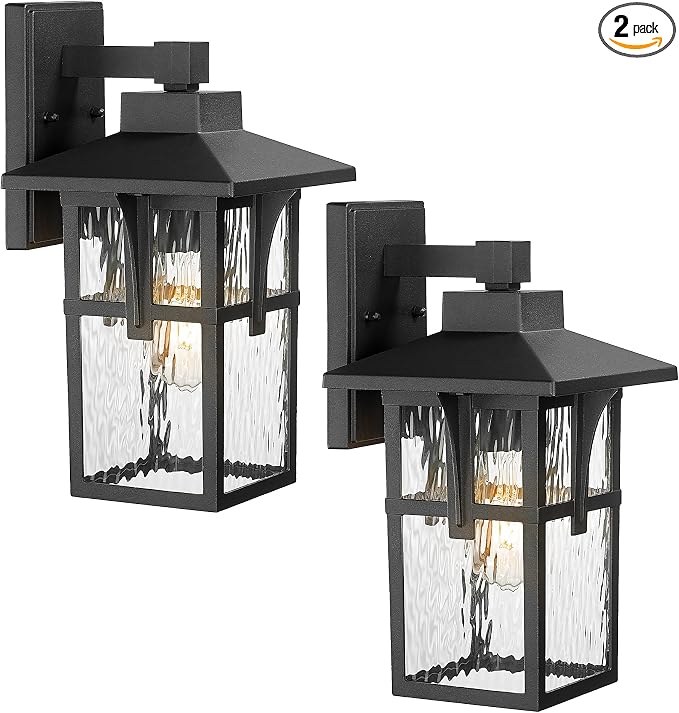 Outdoor Wall Light 2 Pack, HWH Exterior Wall Sconce Light Fixtures with Water Ripple Glass, Outside Lights for Porch, Patio, Balcony, Matte Black Finish, 5HX62B-2PK-SW BK