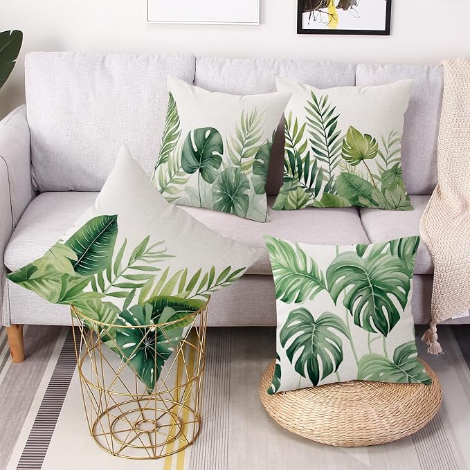 Tropical Leaves Outdoor Waterproof Pillow Covers 18 X 18 Inch Set of 4 Palm Leaf Plant Decorative Cushion Cases for Patio Furniture Garden