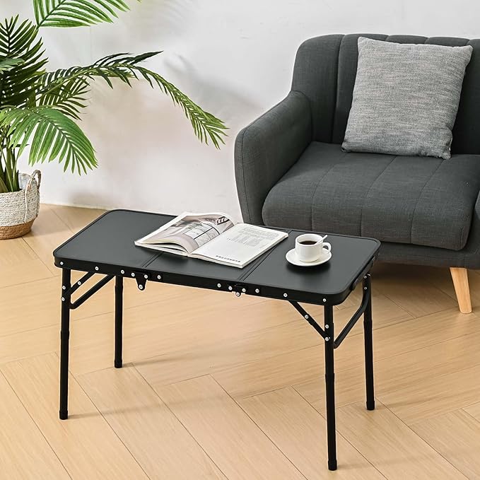 YihuiKo Folding Picnic Table with Storage Net, Matte Black Aluminum Folding Table 35" x 16", Adjustable Height Max 27.5", Lightweight Portable for Camping Travel