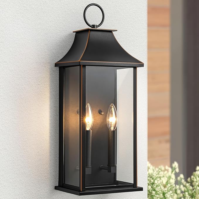 Dusk to Dawn Outdoor Wall Light, 20.6 Inch, Black with Brown Trim | Modern Exterior Light Fixture, Large Outside Wall Lantern Sconce, for House, Porch, Garage