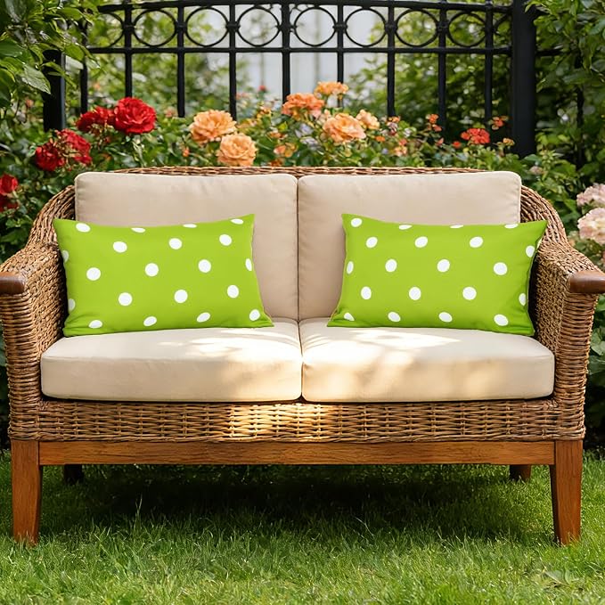 Eternal Beauty 12X20'' Set of 2 Outdoor Decorative Pillow Covers Waterproof Outdoor Pillow Covers for Spring Summer Patio Lumbar Pillows, Green Polka Dot, 12X20 inches