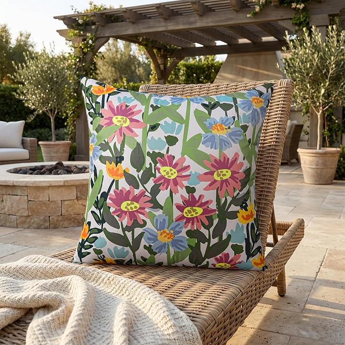 Pyonic Outdoor Pillows Covers Pack of 2 Spring Floral Waterproof Throw Pillow Covers 16X16 inch Outdoor Pillows for Patio Furniture Garden Square Outside Waterproof Pillow