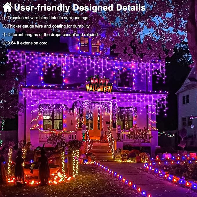 66ft Purple Christmas Lights Outdoor, 640 LED Icicle Lights for Outside Indoor Twinkle Lights with Connectable Clear Wire 8 Modes Timer Waterproof for House Party Tree Holiday Yard Decorations