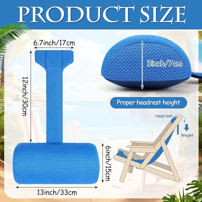 Kigley 2 Pcs Chaise Lounge Headrest Pillow for Patio Outdoor Pool Headrest Pillow Quick Drying Lounger Supplies for Adult with Non Slip Weighted Tail(Blue)