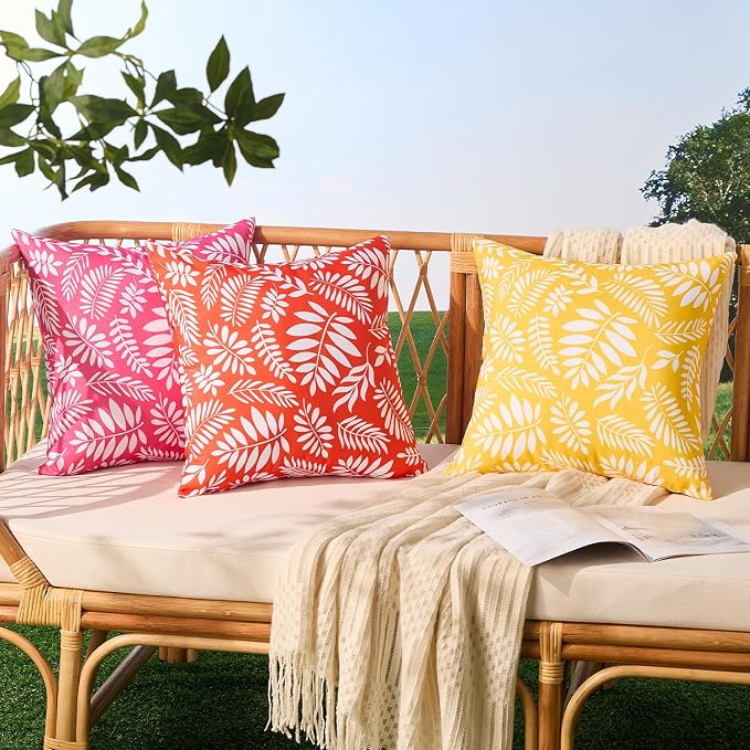 Allorry Outdoor Pillow Covers 18x18 Set of 2 Tropics Palm Leaves Brick Red Floral Pattern Decoration Pillow Covers for Summer Fall Outdoor Waterproof Garden Patio Sofa Bedroom Home Decor JB009-D18