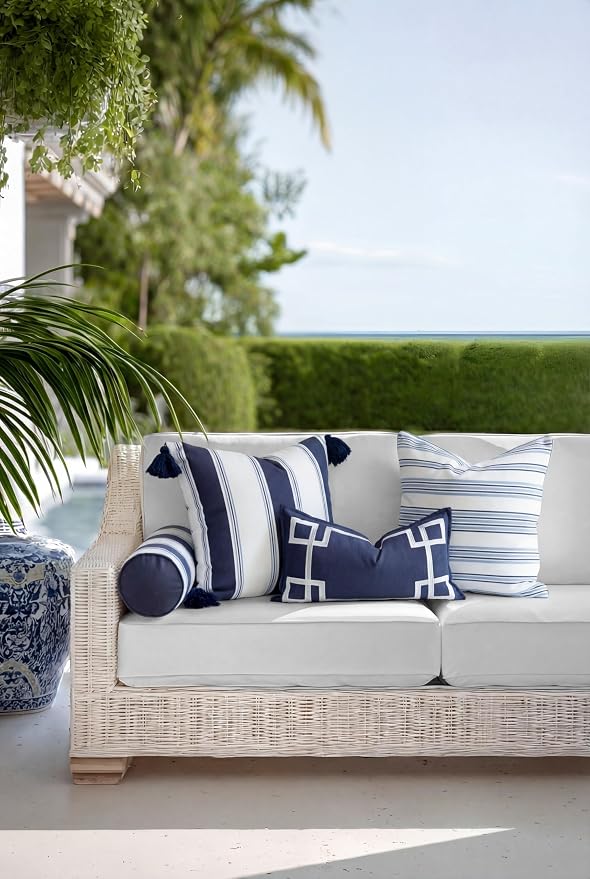 Hofdeco Premium Coastal Hampton Outdoor Performance Throw Pillow Cover Only, 20"x20" Water Repellent, UV and Fade Resistant for Backyard, Couch, Poolside, Azure Blue Indigo Woven Bayside Stripes