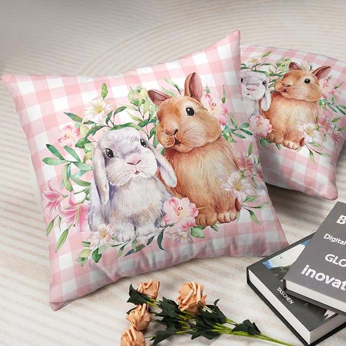 Spring Easter Pillow Covers 24x24 Pack of 2 Lovely Rabbit with Lily Flower Throw Pillow Covers Pink Plaid Bunny Pillow Case for Spring Easter Decoration Sofa Patio Garden