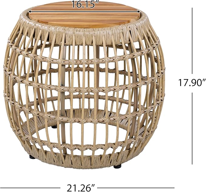 Polibi Outdoor Side Table with Handwoven Wicker Base, Weather-Resistant Outdoor/Indoor Accent Table for Patio, Balcony, Garden, Coastal & Farmhouse Decor(Light Brown)