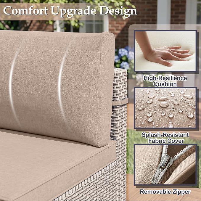 Patio Furniture Set, 9-Piece Outdoor Sectional Sofa with Ottomans & 2-Layer Glass Coffee Table, Wicker Patio Conversation Set with Khaki Cushions for Poolside