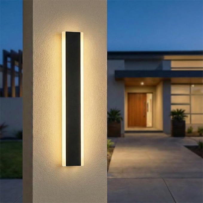 Modern Linear Outdoor Wall Lights, 24" LED Exterior Wall Sconce for Porch & Garage, IP65 Waterproof Architectural Facade Lighting, 3CCT Dimmable Matte Black Fixture for Front Door Entryway