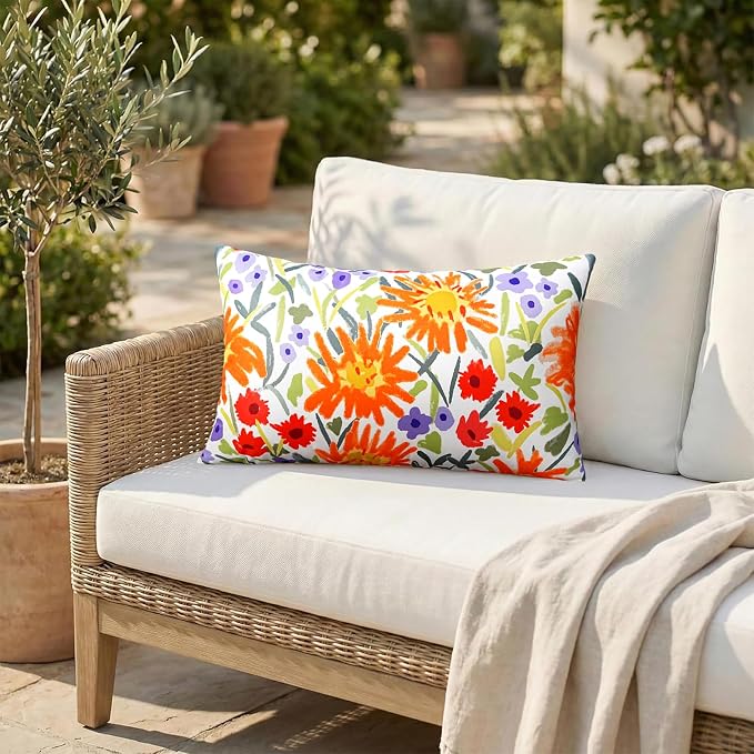 Adabana Outdoor Waterproof Floral Pillow Covers 12x20 Inch | Colorful Outdoor Pillow Covers Summer Decirative for Patio Furniture Porch Garden Pillows