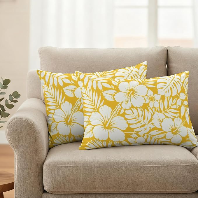 Yellow Hibiscus Flowers Waterproof Outdoor Pillow Covers Set of 2 Home Decor, Tropical Monstera Leaves Lumbar Pillowcase Patio Pillow Covers for Couch Bench Patio Furniture Garden 20x12in