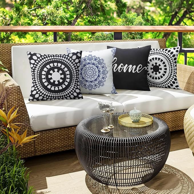 Merrycolor Set of 2 Outdoor Waterproof Throw Pillow Covers Black and White Pillow Covers Floral Decorative Square Pillowcases Farmhouse Boho Outdoor Pillows for Patio Furniture 18x18 Inch