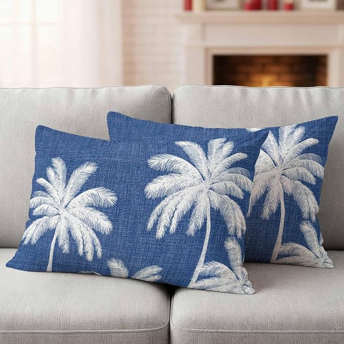 Lumbar Pillow Covers 20x12 Inch Set of 2, Navy Blue Palm Trees Waterproof Outdoor Pillow Covers, Farmhouse Tropical Summer Beach Decorative Cushion Pillowcases for Couch, Sofa, Bed, Garden, Patio