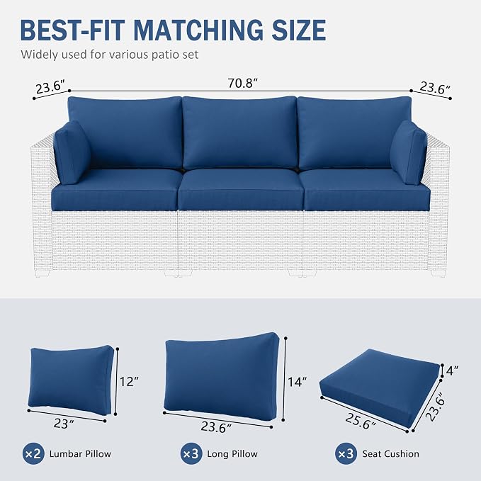 Outdoor Furniture Replacement Cushions, Waterproof Patio Furniture Cushions, 4" Deep Seat Outdoor Sectional Cushion for 3-Seat Outdoors Rattan Sofa Patio Sofa Cushion, Blue