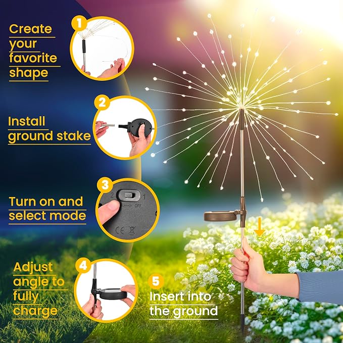 GIGALUMI 2 Pack Solar Firework Lights Outdoor, Garden Decor, Multicolored | 120 LEDs, Fairy Design, Waterproof, Garden Decor, Solar Powered for Yard, Pathway, Flowerbed, Planter, Balcony, Gifts for Mom