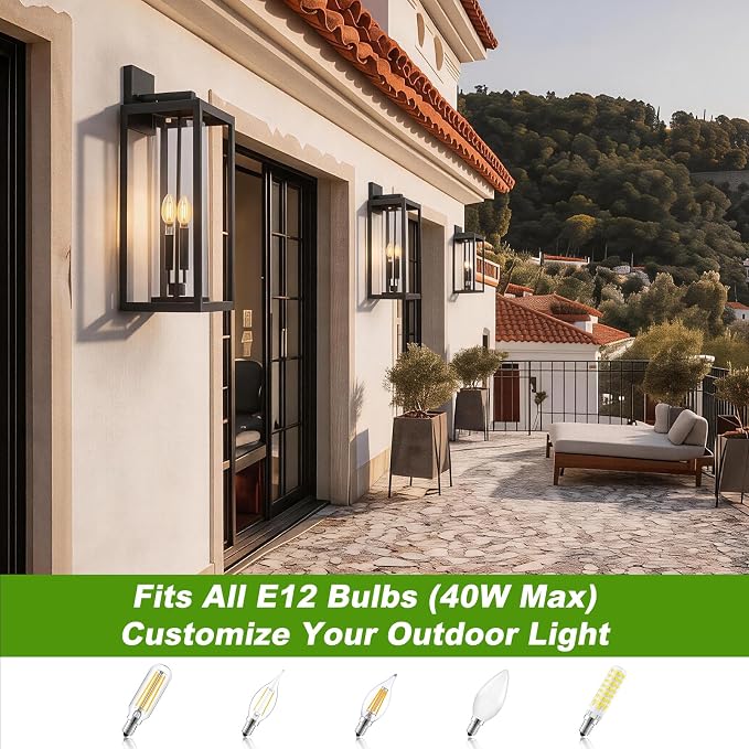 FILIYANO Large 24 Inch Outdoor Wall Light Fixtures, Black, 2-Pack | IP65 Waterproof, Anti Rust, Hardwired, Tempered Glass, E12, 2-light, Modern, Exterior, Porch, Garage and Front Door Lantern