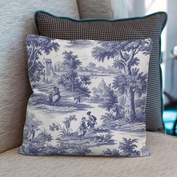 Throw Pillow Covers Navy White Blue Decorative Toile Print Cushion Cases Modern French Charmed Life Toile Pillow Cover Accent Decorative Cushion Cases Home Decor for Patio Couch 16x16 in