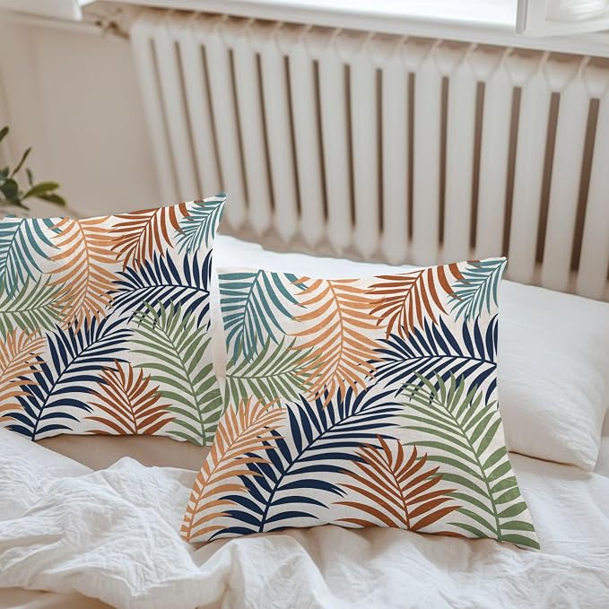Red Green Navy Palm Leaves Outdoor Pillow Covers 16"x16" Set of 2, Summer Botanical Vintage Tropical Leaf Rustic Waterproof Throw Pillow Covers for Patio Furniture, Decorative Cushion Covers for Porch