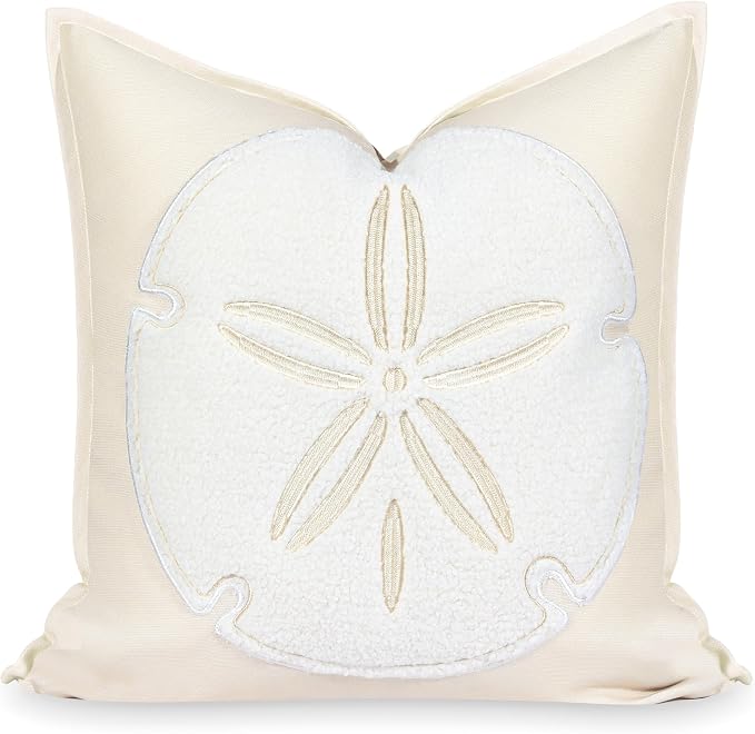 Hofdeco Premium Coastal Patio Indoor Outdoor Pillow Cover Only, 20"x20" Water Repellent for Backyard, Couch, Neutral Tan Embroidered Sand Dollar