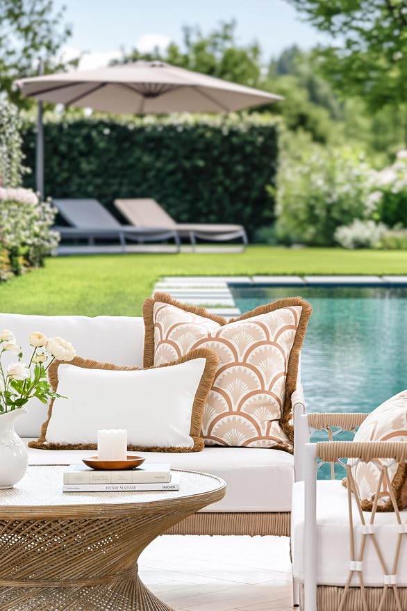 Hofdeco Premium Coastal Hampton Patio Indoor Outdoor Lumbar Pillow Cover Only, 12"x20" Water Repellent for Backyard, Couch, Poolside, White Neutral Tan Solid