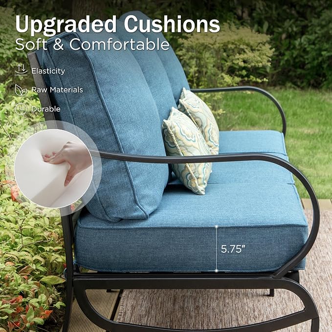 PHI VILLA 6 Piece Patio Furniture Sets with 1 x 3-Seat Deep Seating Bench, 2 x Cushioned Swivel Sofa Chairs, 1 x Coffee Table & 2 Ottoman, Outdoor Metal Conversation Set for Lawn Garden, Navy Blue