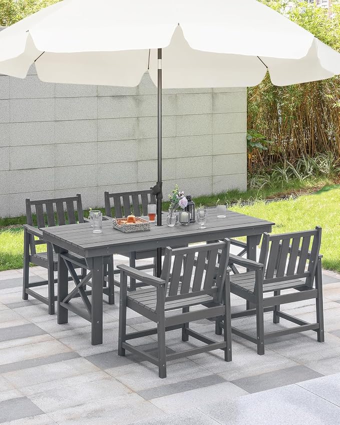 HDPE Patio Dining Set, 5-Piece Outdoor Table and Chairs with Umbrella Hole, Modern Outdoor Dining Set for 4, HDPE Outdoor Patio Furniture Dining Sets for Deck, Poolside, Porch, Smoke Gray