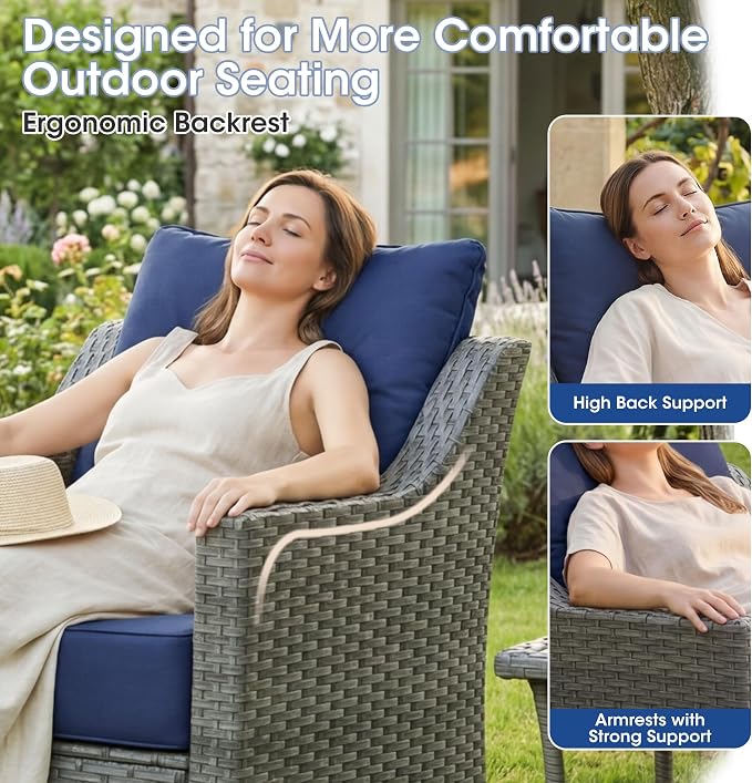5 Piece Patio Furniture Set, Grey Wicker Outdoor Conversation Set with 2 Wicker Chairs, Side Table and 2 Ottomans, 6-Inch Thick Cushions, Blue Olefin Covers for Patio and Porch