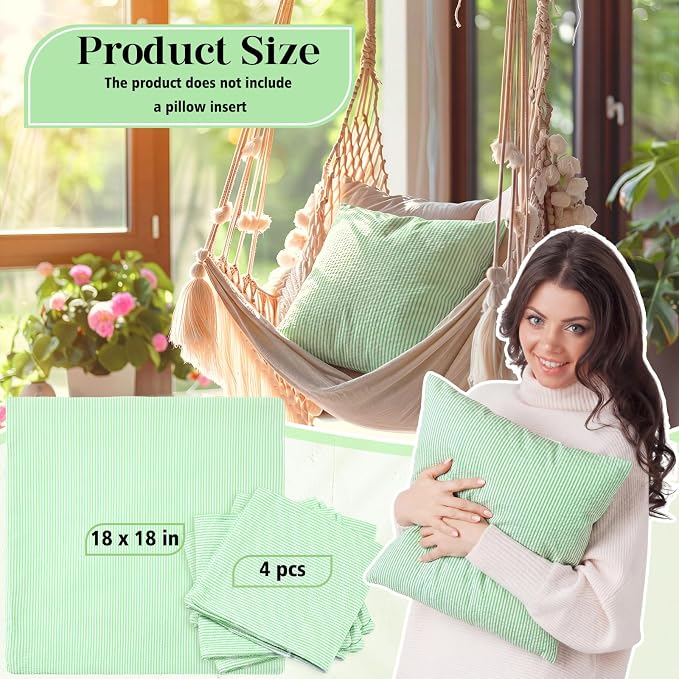 Huhumy Green Throw Pillow Cover 18" x 18" for Home Decoration Striped Modern Style Decorative Cushion Covers No Inserts Seersucker Pillow Cover for Living Room, Chair, Bed, Couch, Set of 4