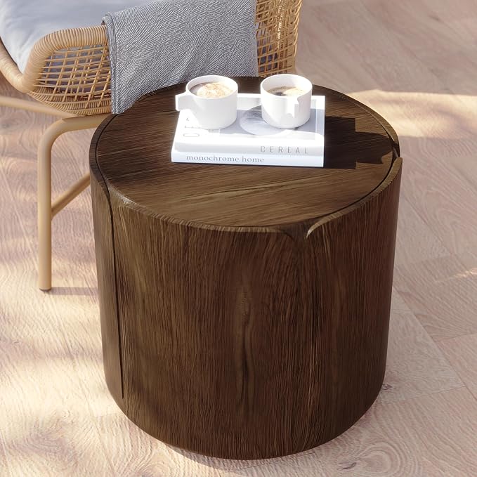 19.29" H Round Outdoor Indoor Side Table, Modern Wood Grain Patio Garden Stool, Sturdy MGO Waterproof, No-Assembly Table for Patio, Garden, Backyard, Living Room