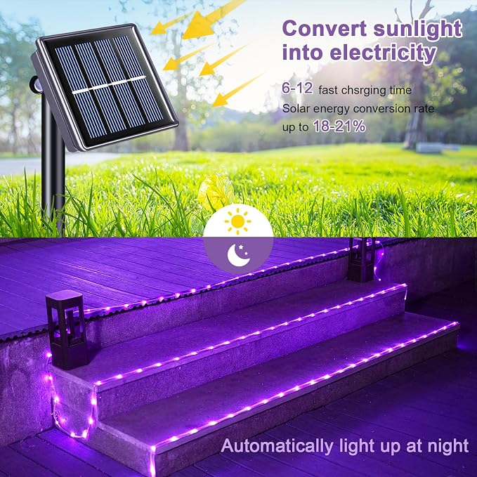JMEXSUSS 200 LED Purple Solar Halloween Lights, 66 ft Rope Lights Outdoor Waterproof, PVC Tube Purple Christmas String Lights for Party Tree Fence Christmas (Pack of 2)