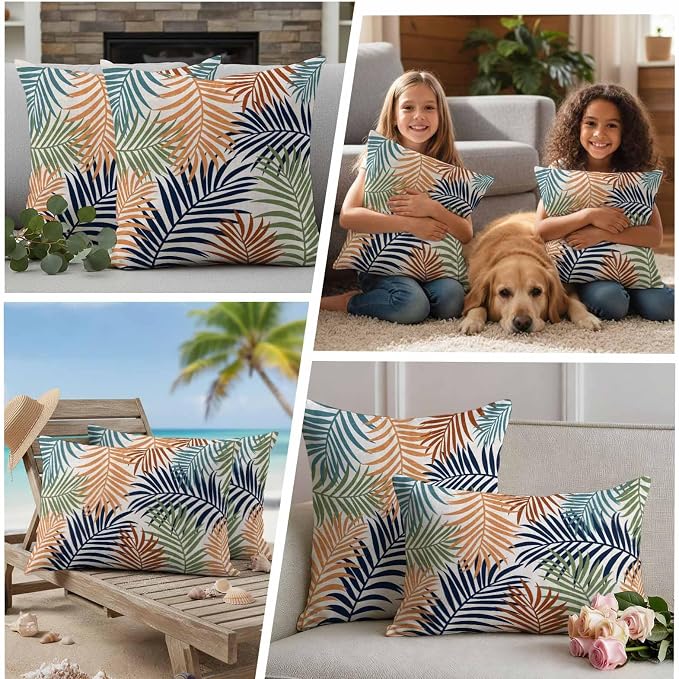 Red Green Navy Palm Leaves Outdoor Pillow Covers 20"x20" Set of 2, Summer Botanical Vintage Tropical Leaf Rustic Waterproof Throw Pillow Covers for Patio Furniture, Decorative Cushion Covers for Porch