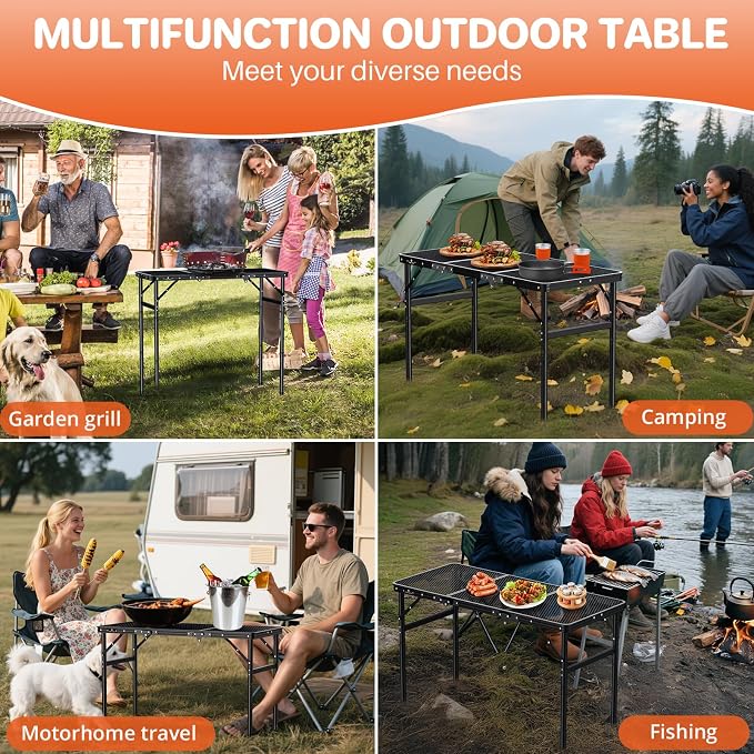FUNYKICH 3ft Folding Grill Table for Outside 35.4''x15.7'', Max Height 29.4'' Portable Camping Tables, 3 Height Adjustable Lightweight Metal BBQ Table with Carry Handle for Camping, Picnic, BBQ, Black