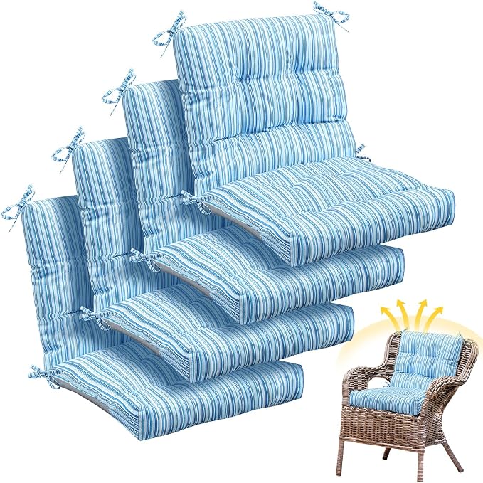 Marsui 4 Pcs Outdoor Indoor High Back Chair Cushions Patio Furniture Tufted Pillow with Ties Water-Resistant Replacement Outdoor Rocking Chair Cushions, 42 x 21 Inches (Blue Stripes,Stripes)