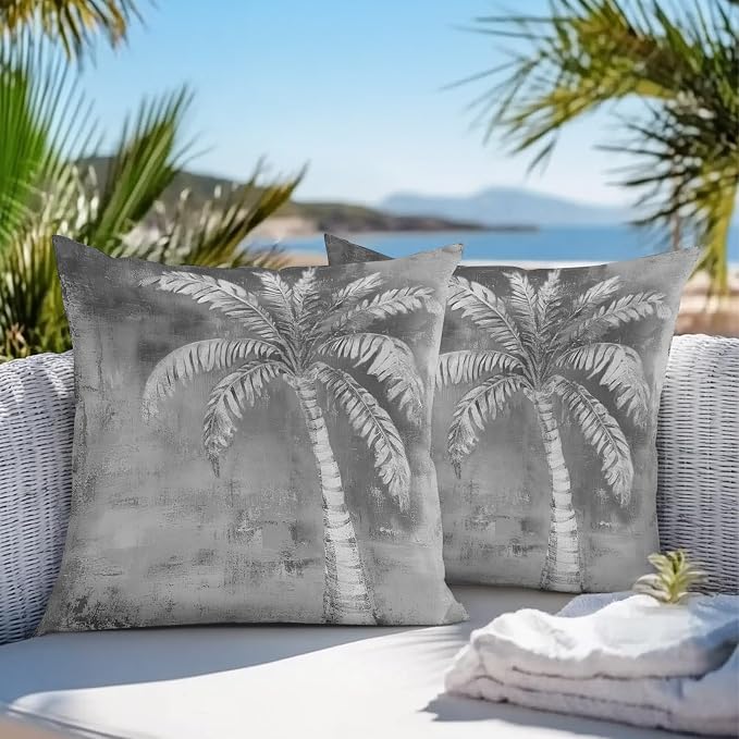 Coastal Beach Tree Grey Outdoor Waterproof Pillow Covers, Vintage Summer Palm Tree Decorative Square Throw Pillowcase, Tropical Botanical Sofa Cushion Sham for Patio/Couch/Chair, 24"x24" 2 Pack
