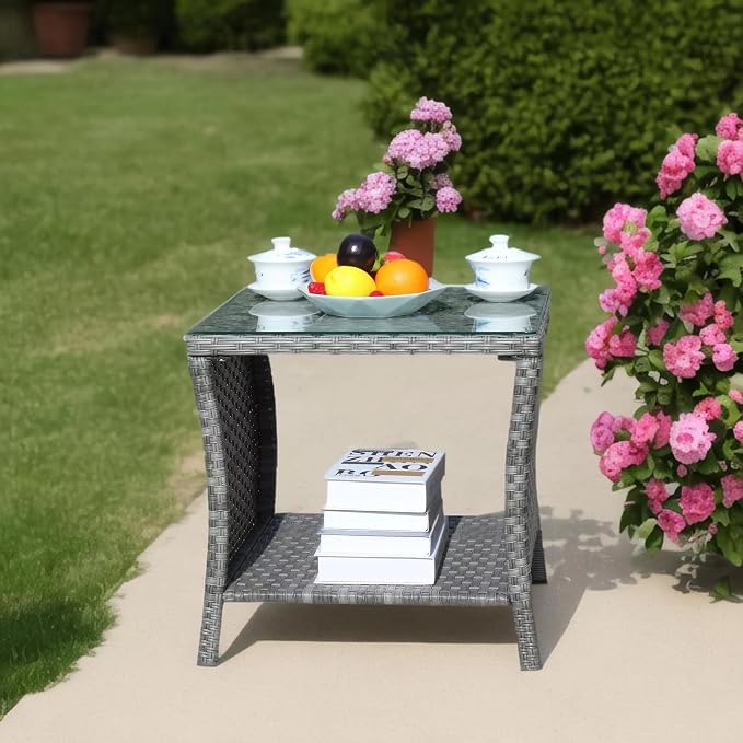 IRONORA Outdoor Wicker Side Table Patio Side Tables for Outside, Tempered Glass Top Wicker Table with Storage End Table for Balcony Porch Deck