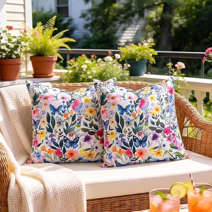 cygnus Spring Summer Outdoor Pillow Covers 18x18 Inch Waterproof Wild Flower Butterfly Outdoor Pillows for Patio Furniture Garden Home Decor