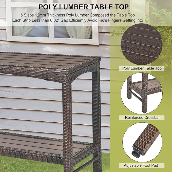 Outdoor Console Table Patio Buffet Bar Storage Organizer 45" Long Wicker Sofa Serving Sideboard Table 2-Shelf Outdoor Bar Table Tall Rectangle Narrow with Adjustable Feet for Entryway Balcony Brown