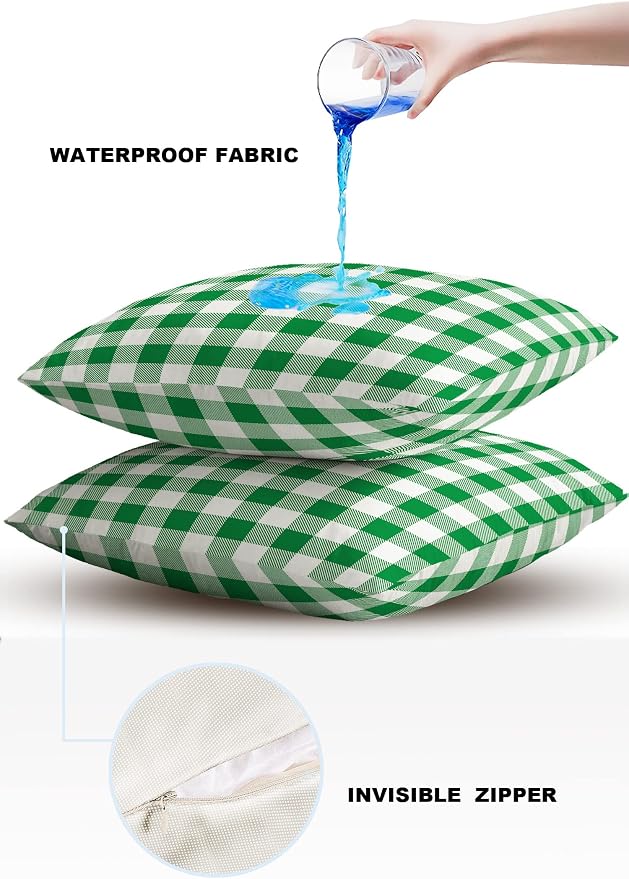 Outdoor Waterproof Throw Pillow Covers Set of 2 Green Buffalo Check Plaid Pillowcases 24x24 Inches Farmhouse Style Patio Decorative Pillows Cushion Case Patio Pillows for Couch Bed Chair Garden