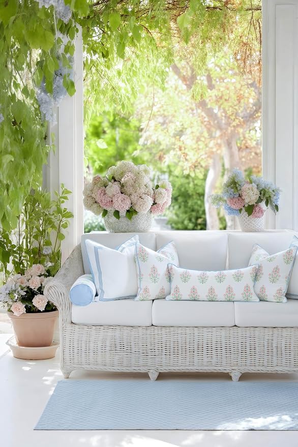Hofdeco Premium Coastal Grandmillennial Patio Indoor Outdoor Bolster Pillow Cover Only, 6"x20" Water Repellent for Backyard, Couch, Poolside, Pink Green Print Flower