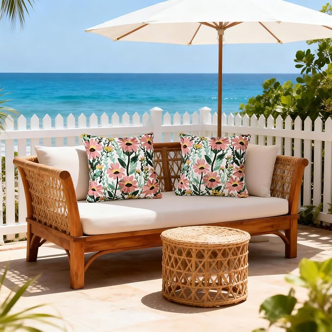 Floral Waterproof Outdoor Throw Pillow Covers 18x18 Inch Set of 2 | Pink Floral Pillow Cover, Summer Outdoor Decor Cushion Cases for Garden Patio Balcony Funiture Porch Couch Sofa