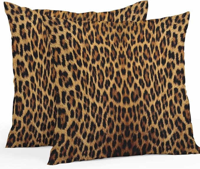 Vandarllin Outdoor Throw Pillows Covers 16x16 inch Set of 2 Waterproof Leopard Print Decorative Zippered Cushion Covers for Patio Furniture, Retro Animal Fur Pattern Lumbar Pillowcases