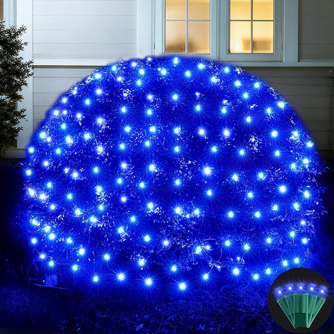 Led Net Lights Christmas Lights Outdoor 200Leds 9ft x 6ft Upgraded Blue Christmas Net Lighting, Waterproof 5mm LED Wide Angle Outdoor Indoor Mesh Net Light for Trees, Bushes, Shrubs Decorations