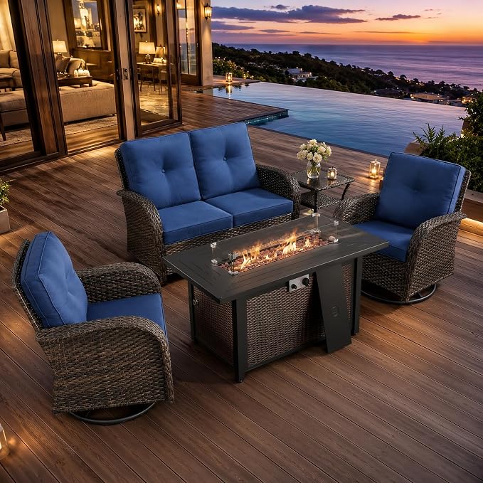 HUMMUH 5-Piece Wicker Swivel Rocker & Glider Set with Fire Pit, Brown/Blue | 50,000 BTU fire pit, powder-coated steel frame, UV-proof PE wicker, 360-degree swivel, 4-inch thick sponge cushions